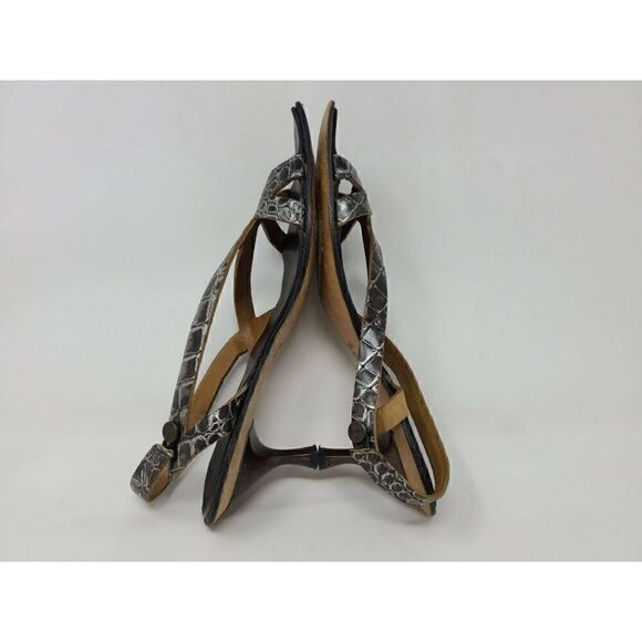 CYDWOQ VINTAGE BLACK SILVER GATOR LEATHER STRAPPY SANDALS KITTEN HEEL SIZE 37 US - Picture 5 of 8